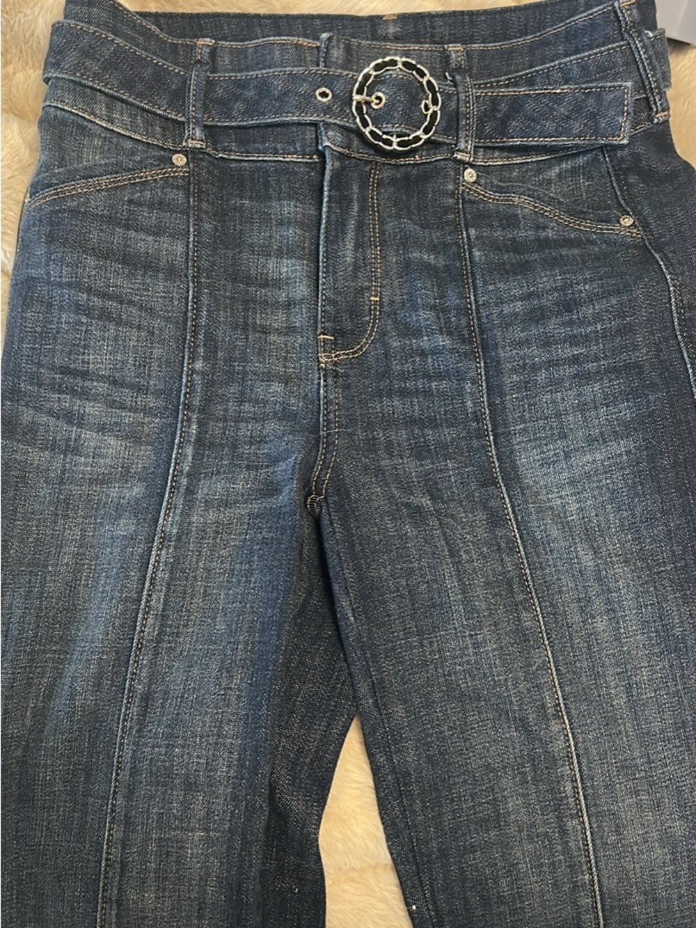 White House Black Market Dark Blue Bootcut Jeans with Chain Ring Belt